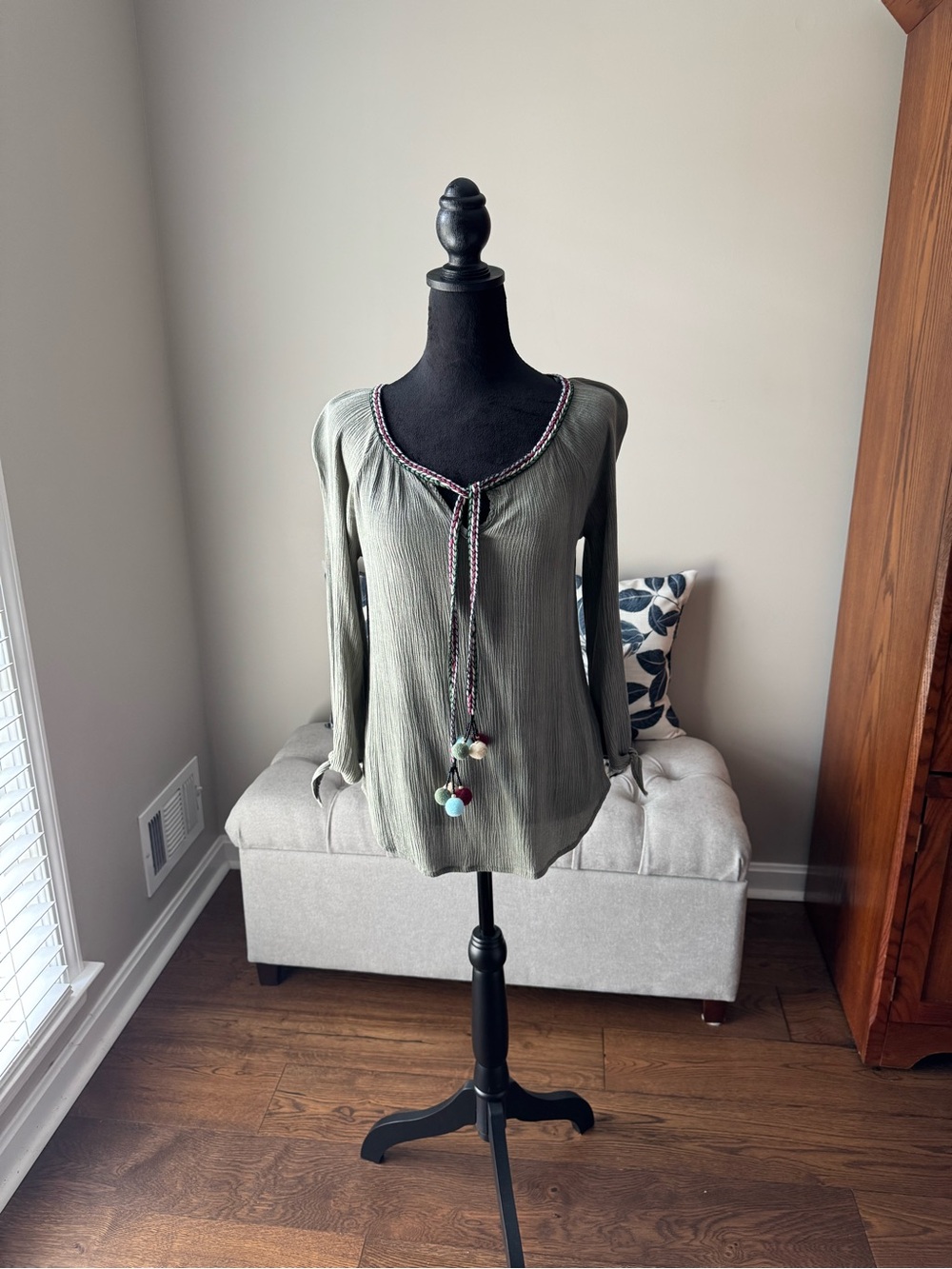 Ces Femme Olive Green Long-Sleeve Peasant Top with Tassel Tie